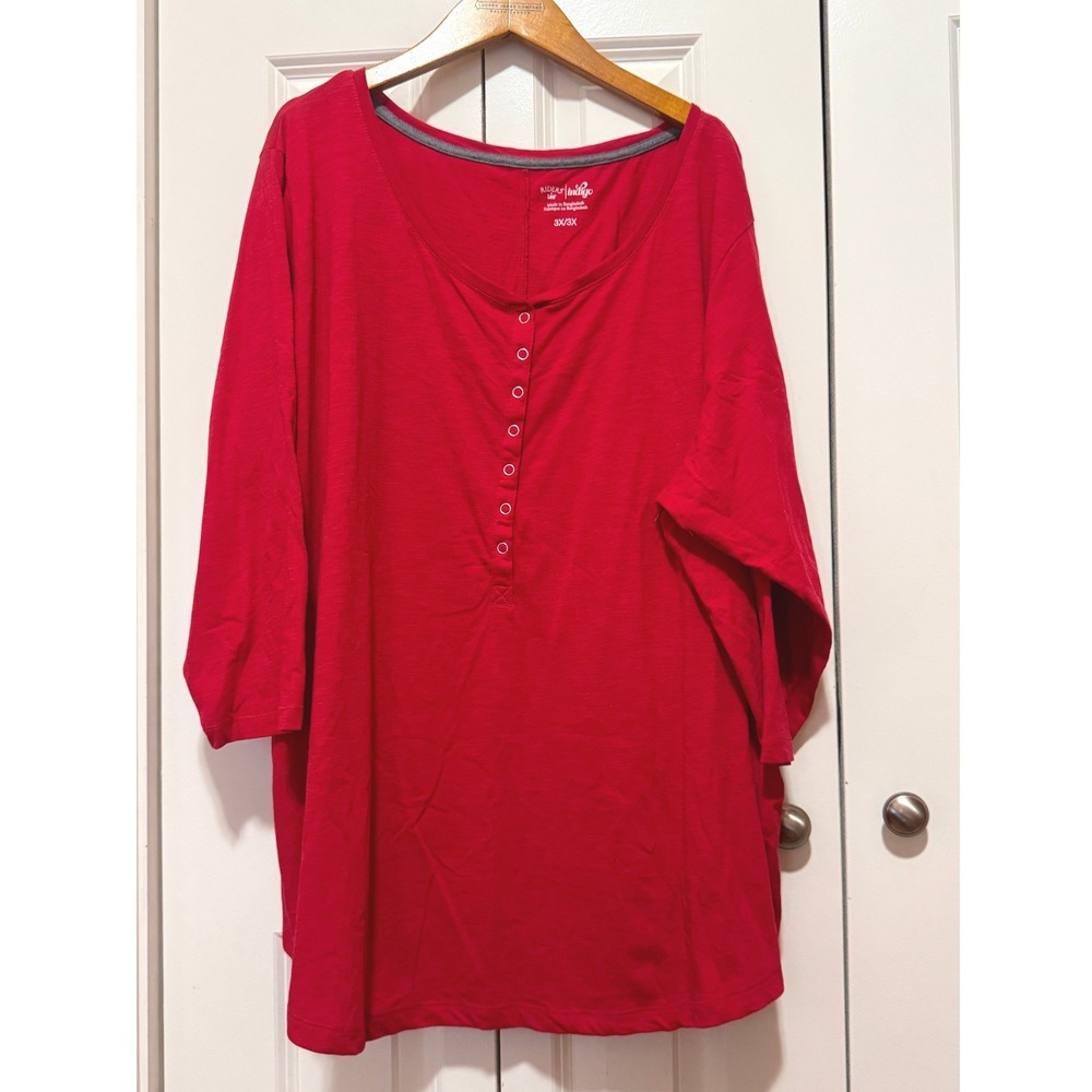 Riders by Lee Indigo Womens 3X Red Henley 3/4 Sleeve Knit Top